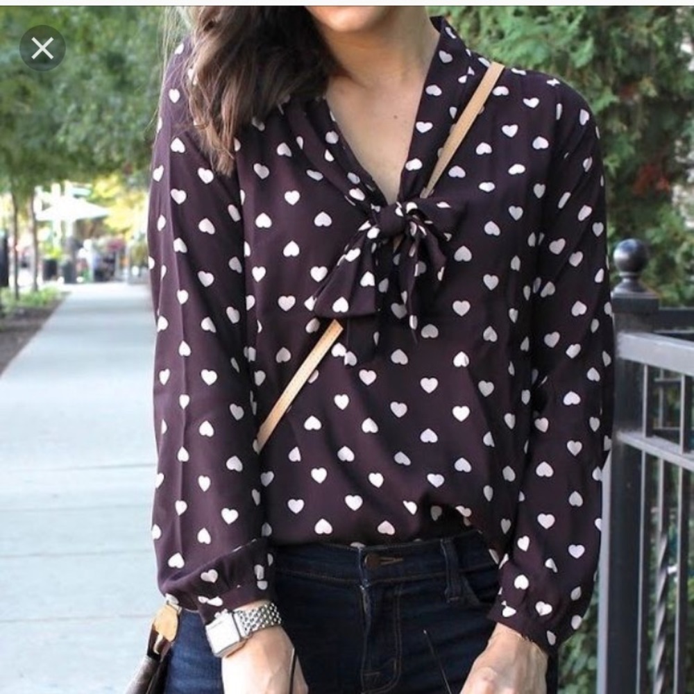 Loft Tie Neck Heart Print Blouse